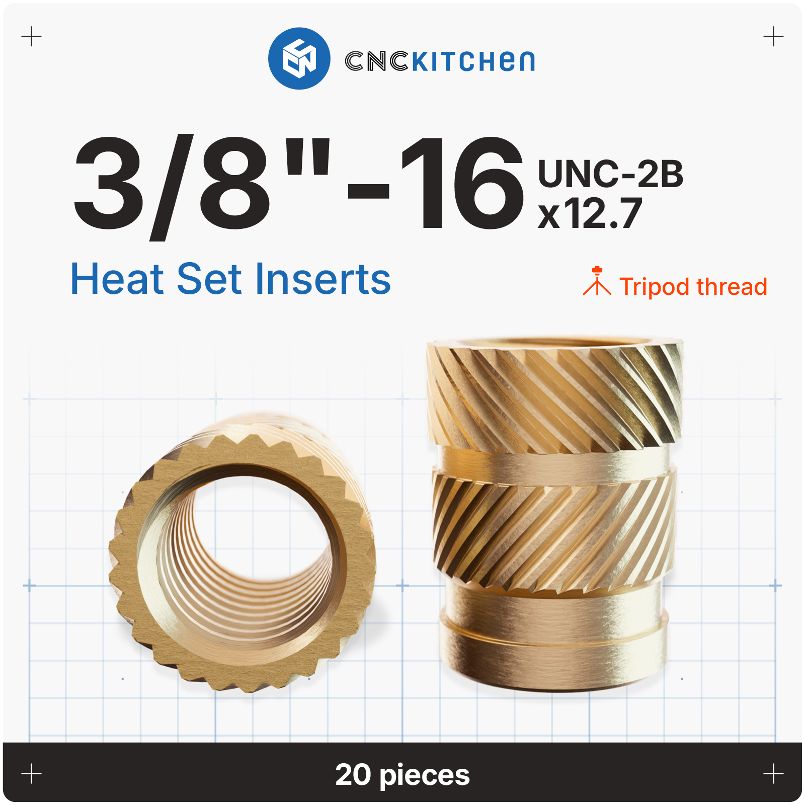 CNC Kitchen heat set inserts 3/8"-16 x 12,7 mm (stativgevind) i messing, 20 stk.