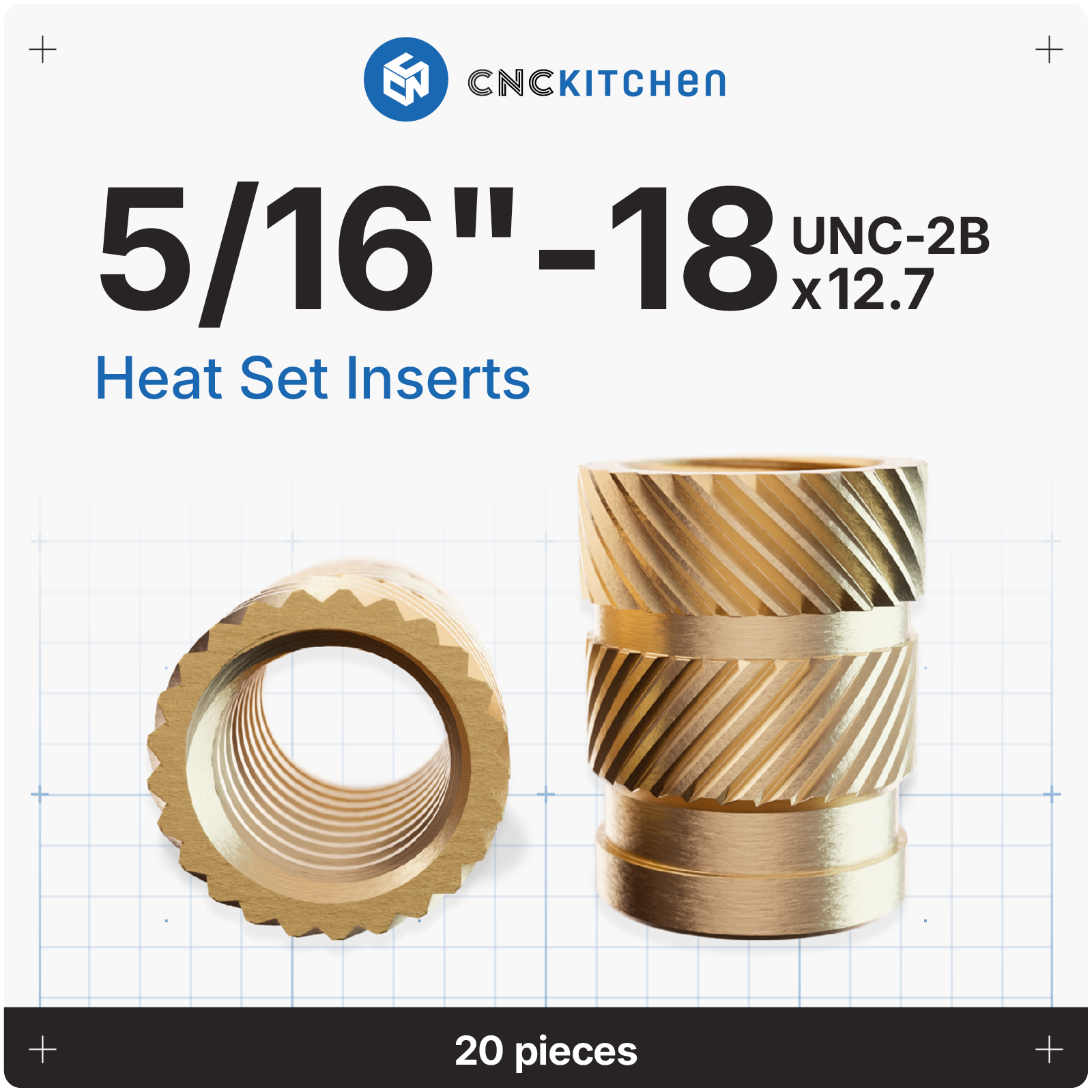 CNC Kitchen heat set inserts 5/16"-18 UNC x 12,7 mm i messing, 20 stk.