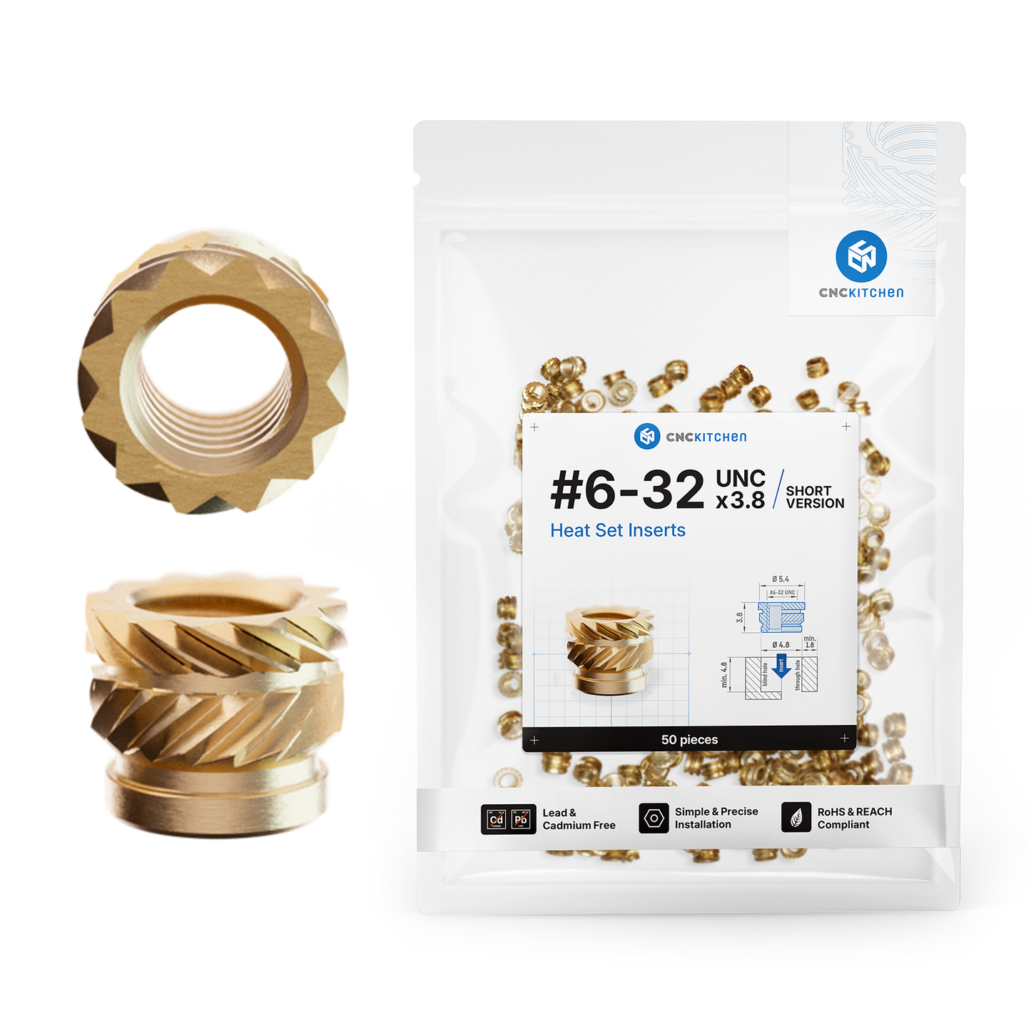 Kort heat set insert #6-32 monteret i 3D-printet del