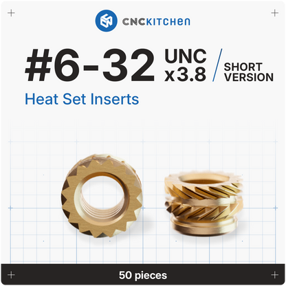 CNC Kitchen heat set inserts #6-32 UNC x 3,8 mm (kort version) i messing, 50 stk.