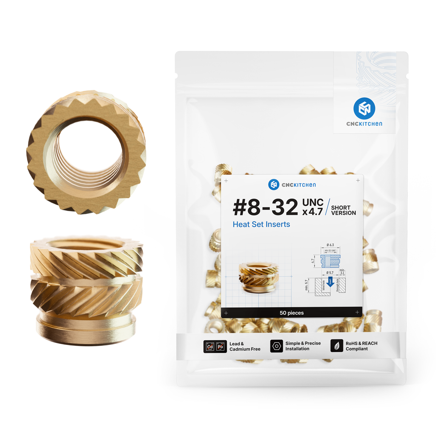 Kort heat set insert #8-32 monteret i 3D-printet del