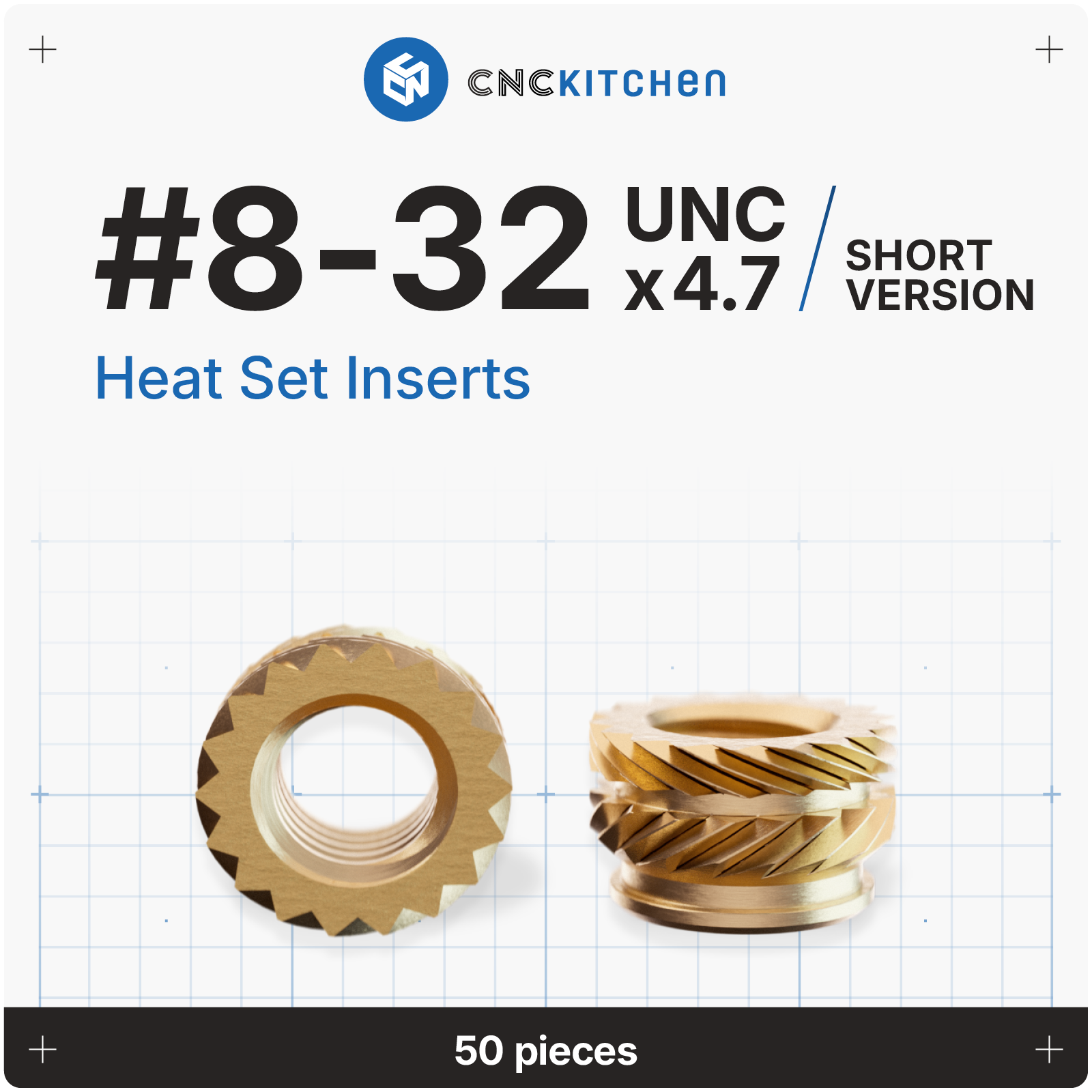 CNC Kitchen heat set inserts #8-32 UNC x 4,7 mm (kort version) i messing, 50 stk.