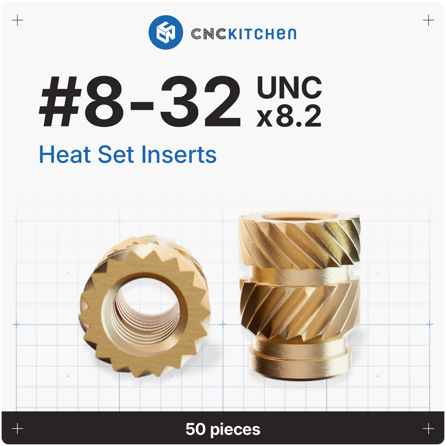 CNC Kitchen heat set inserts #8-32 UNC x 8,2 mm i messing, 50 stk.