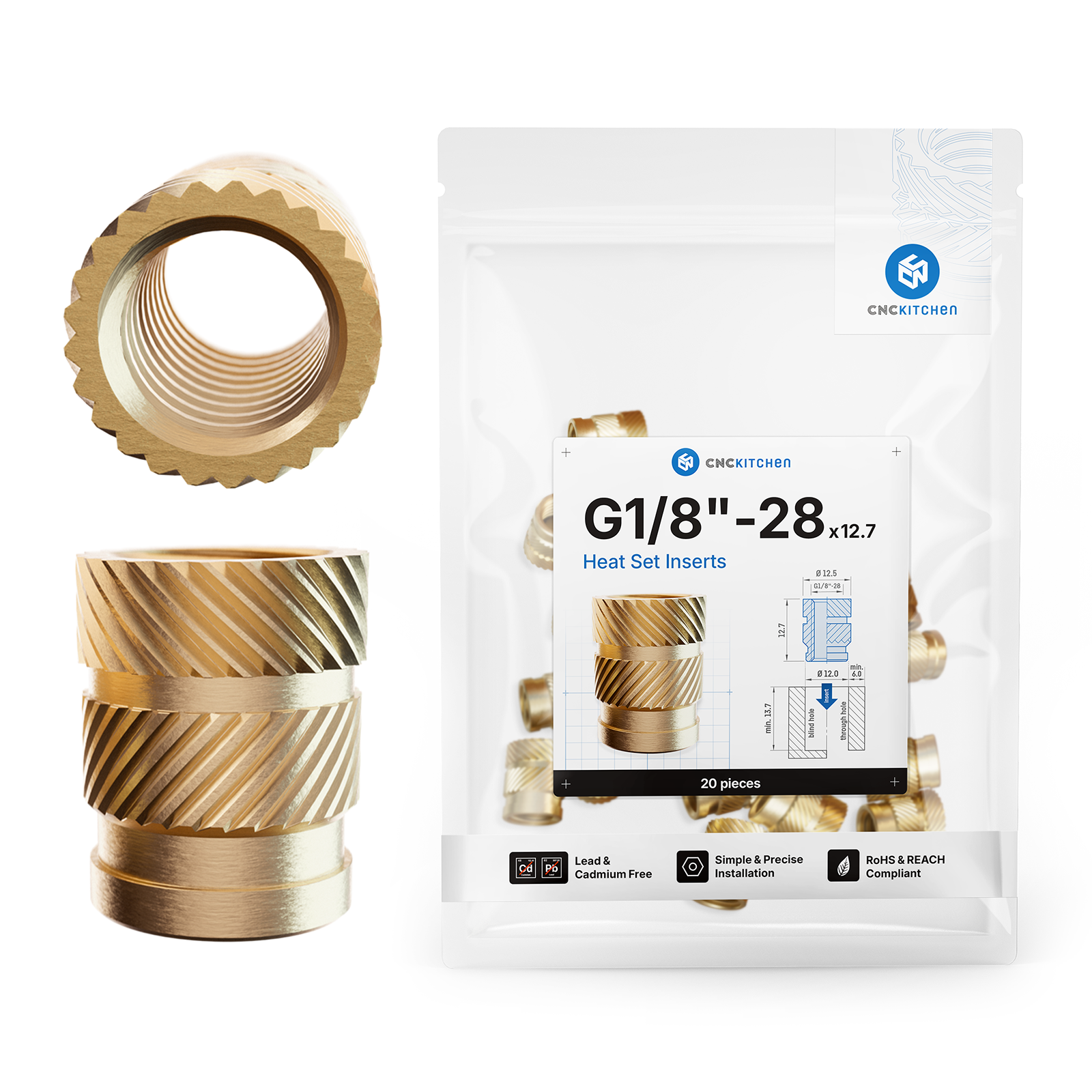G1/8"-28 gevindindsats monteret i 3D-printet del