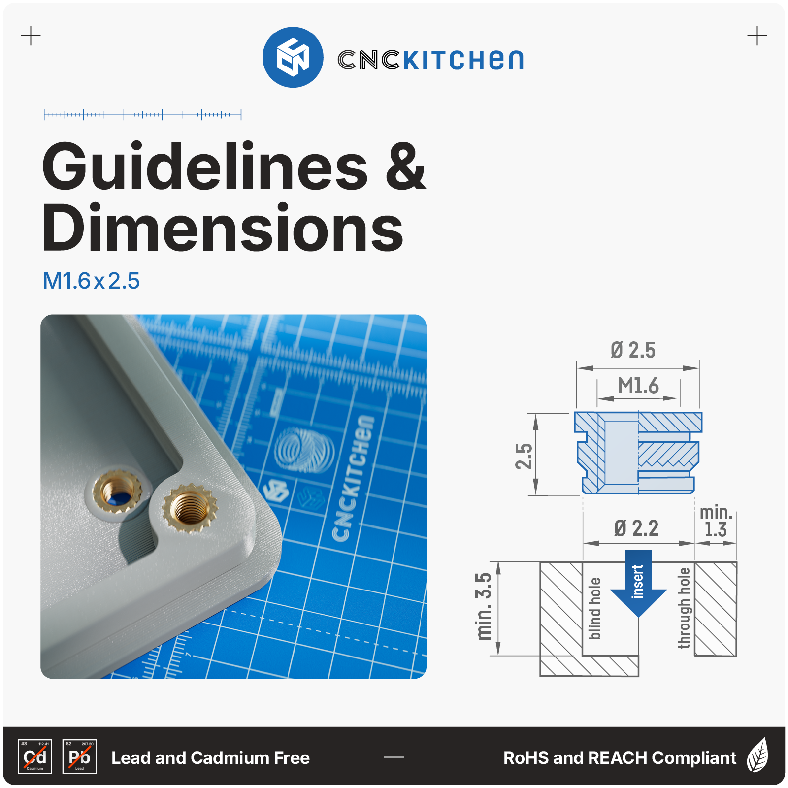 M1.6x2.5 heat set insert monteret i 3D-printet emne