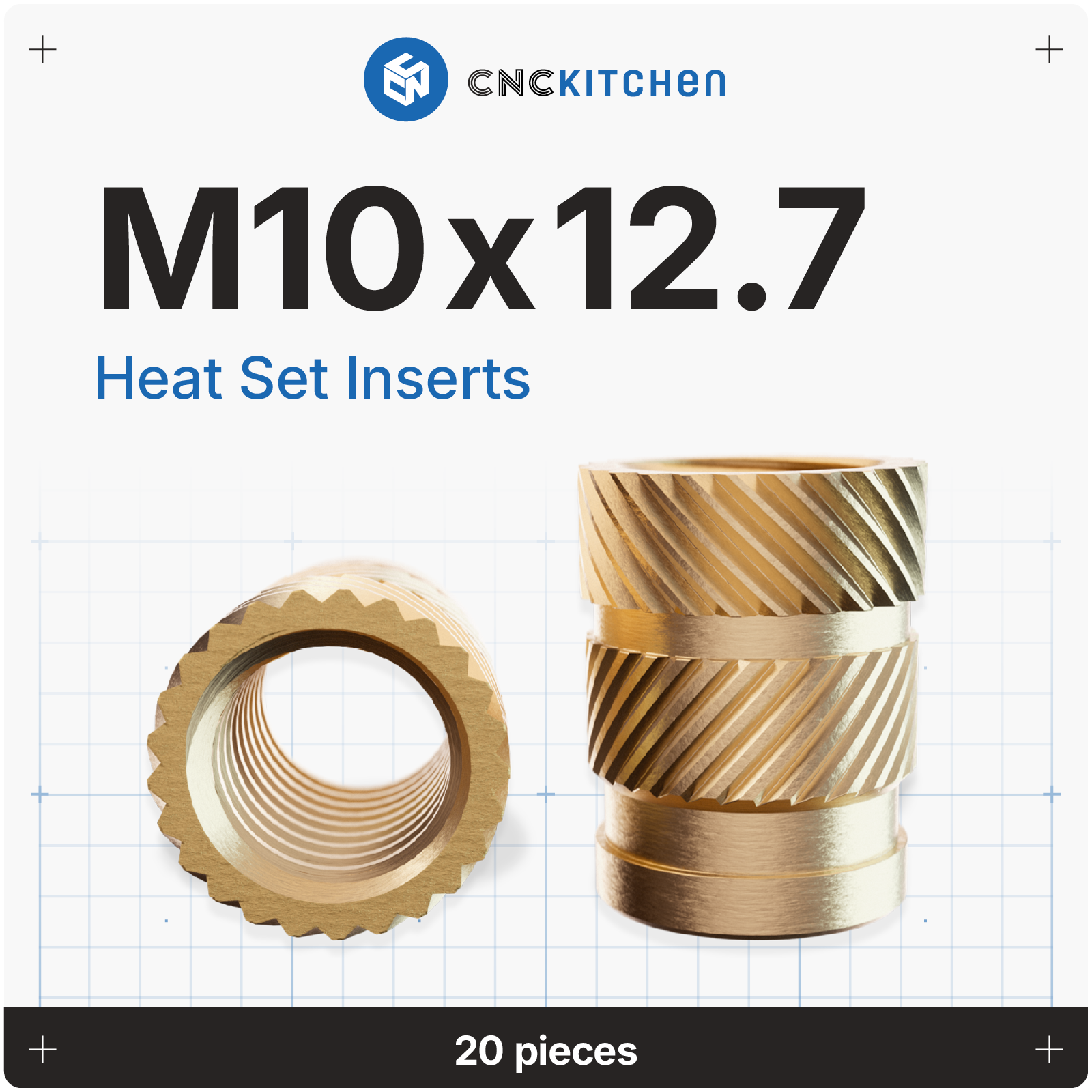 CNC Kitchen heat set inserts M10x12.7 i messing, pose med 20 stk
