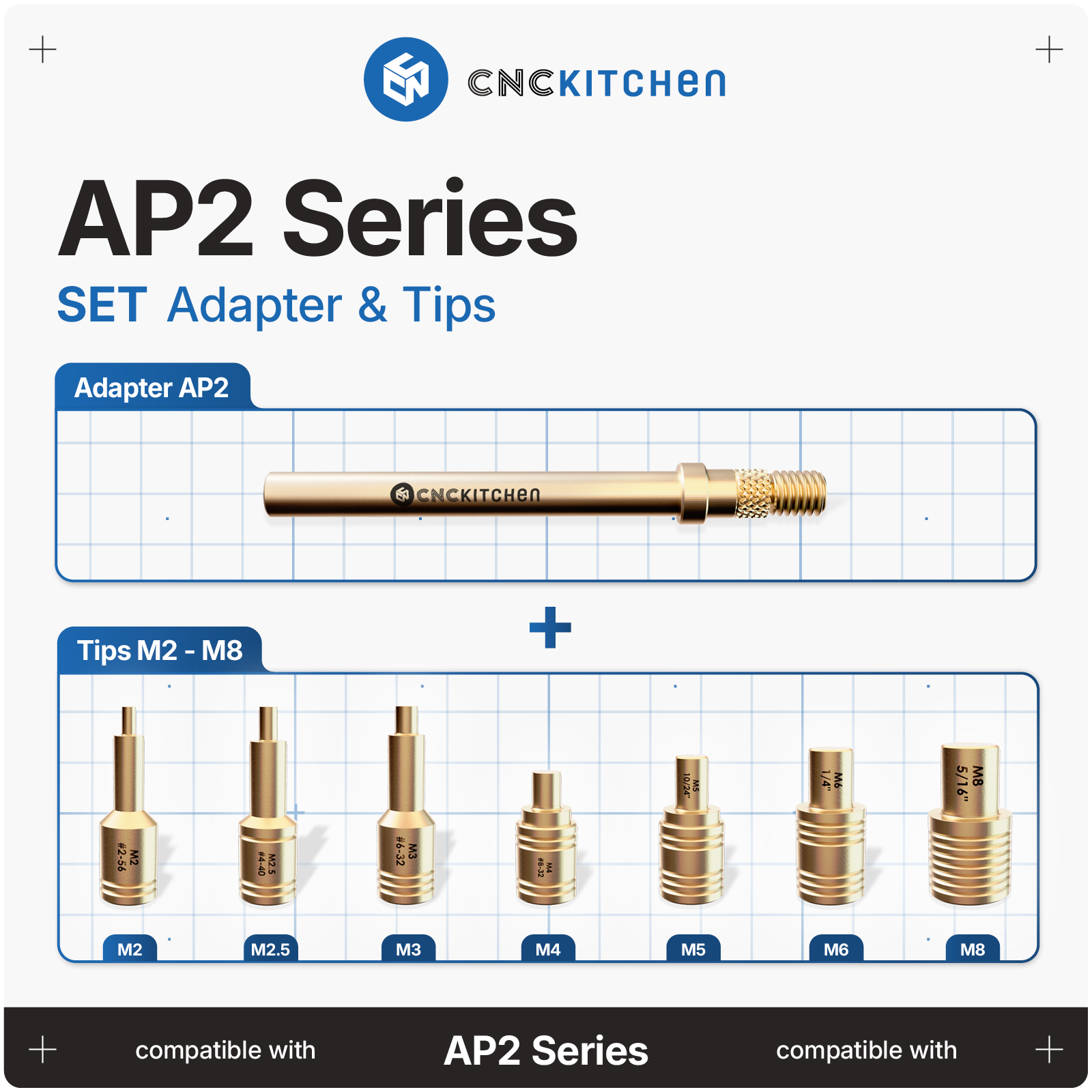 CNC Kitchen Installation Tips SET til AP 2 – adapter og spidser M2-M8 til heat set inserts