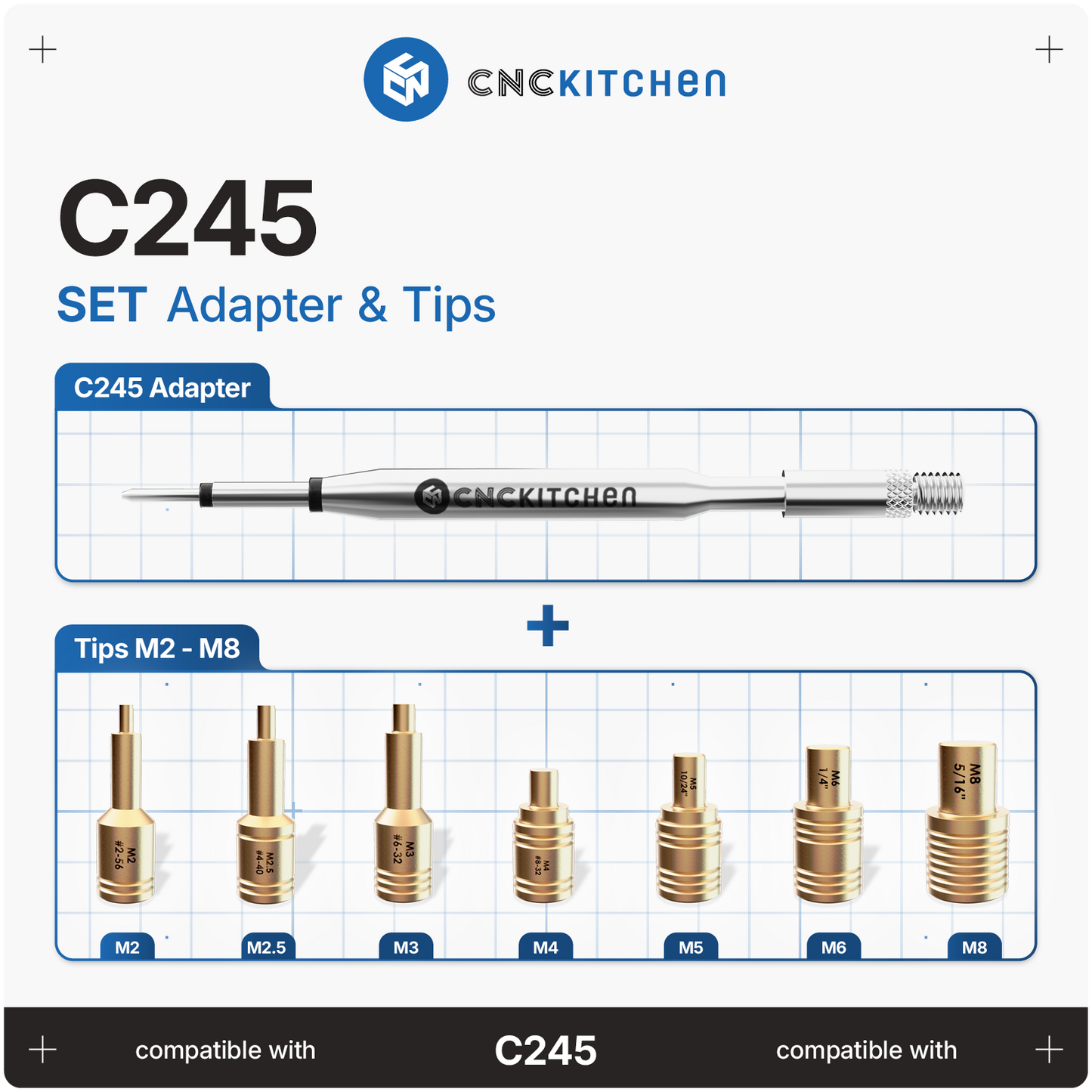 C245 adapter og monteringsspidser M2-M8