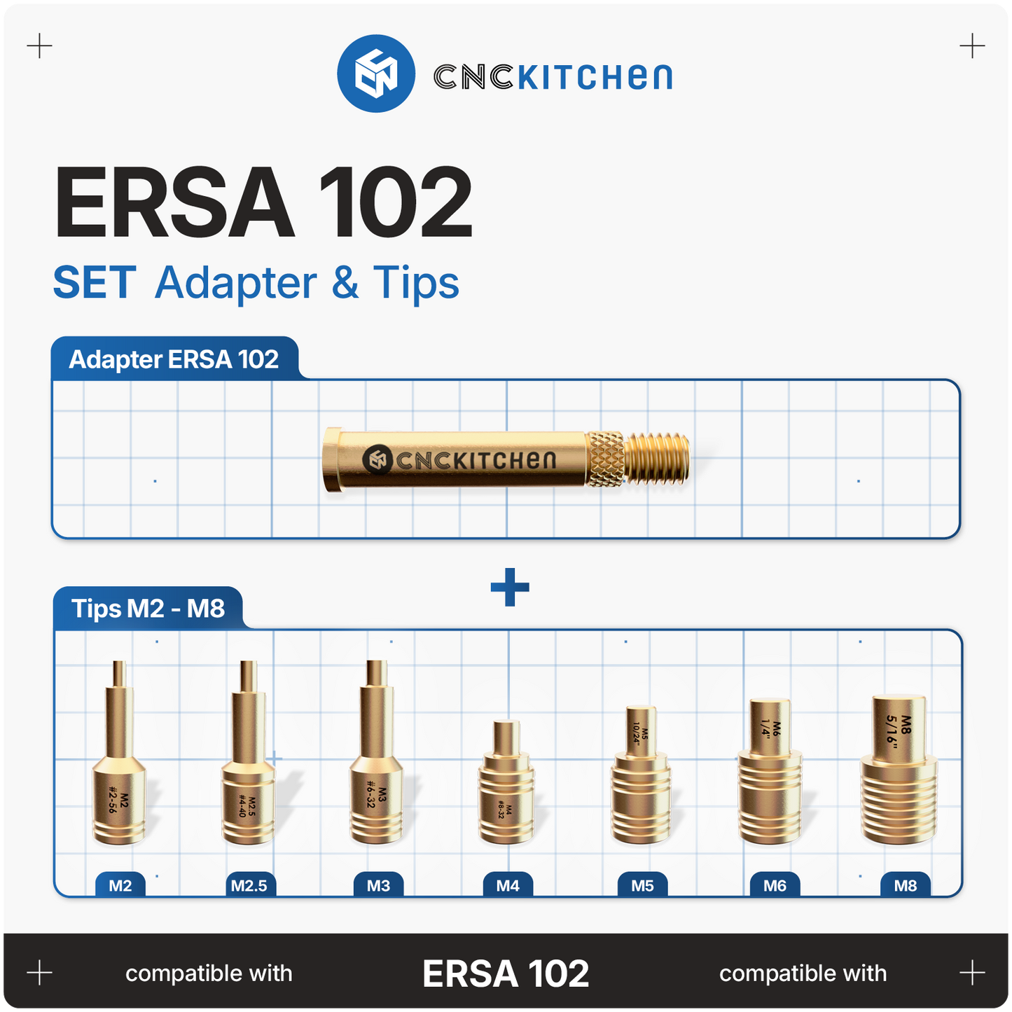 CNC Kitchen Installation Tips SET til Ersa 102 – adapter og spidser M2-M8 til heat set inserts
