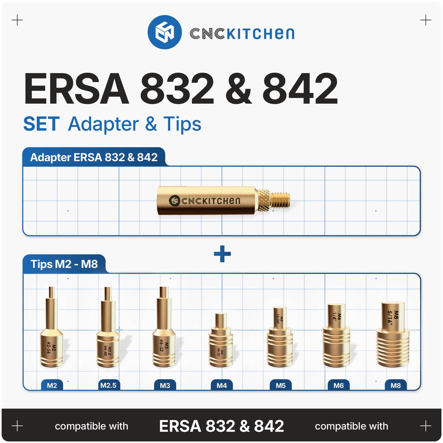 CNC Kitchen Installation Tips SET til Ersa 832 & 842 – adapter og spidser M2-M8 til heat set inserts