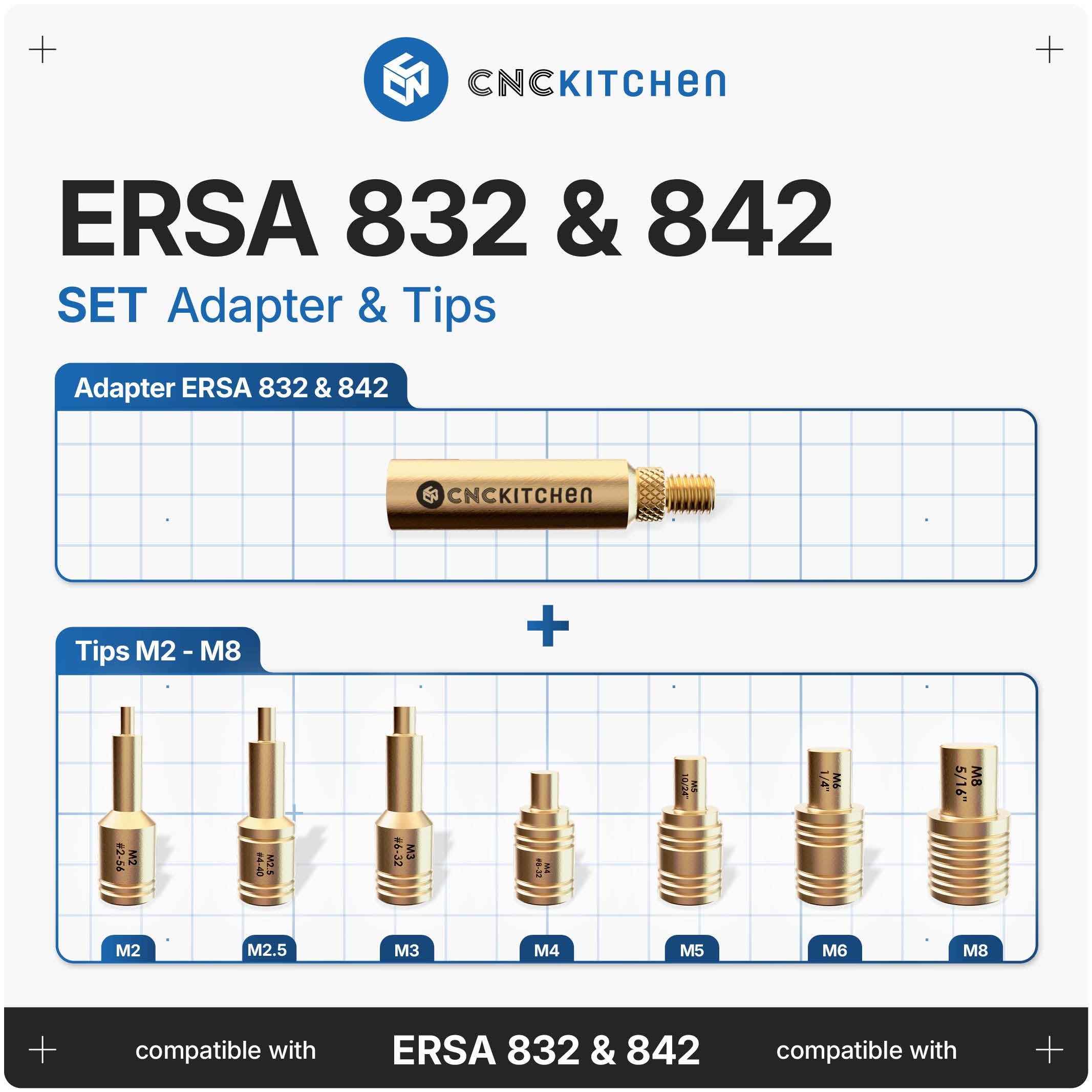 CNC Kitchen Installation Tips SET til Ersa 832 & 842 – adapter og spidser M2-M8 til heat set inserts