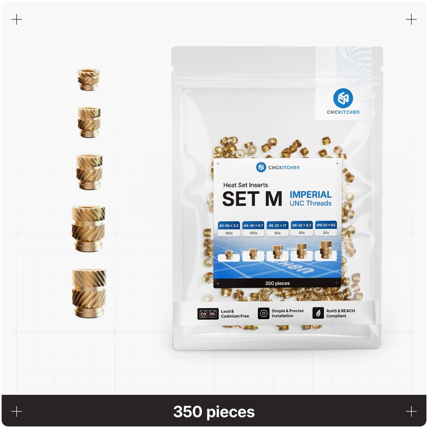 CNC Kitchen heat set insert-sæt Imperial M med 5 UNC-størrelser, 350 stk.