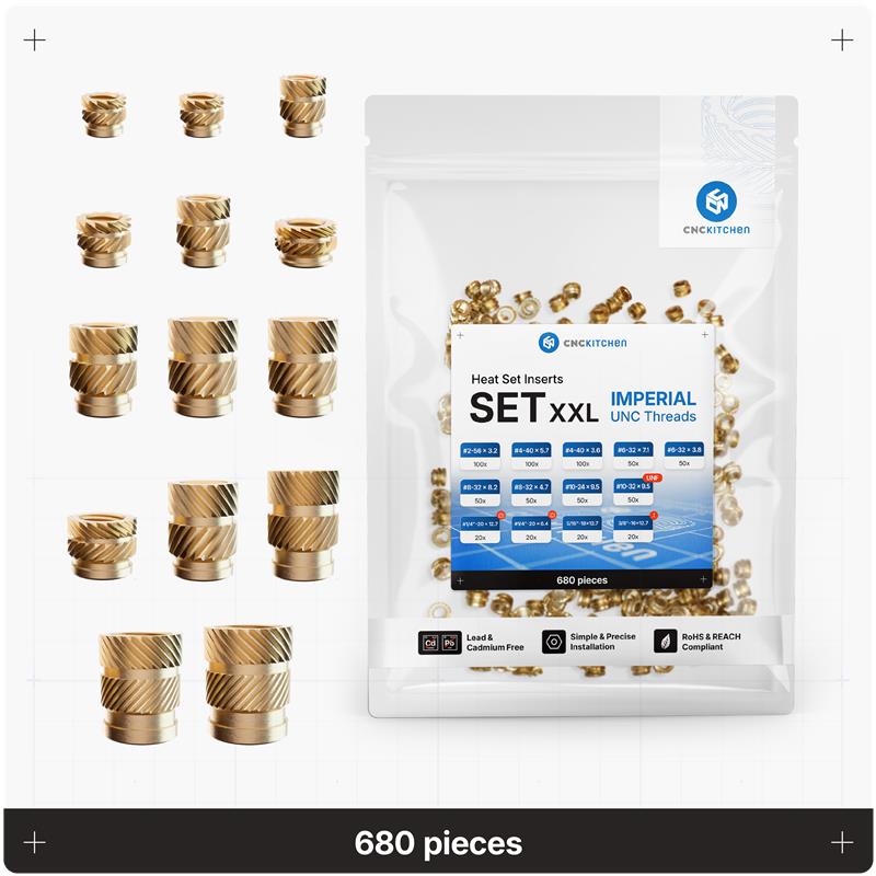 CNC Kitchen heat set insert-sæt Imperial XXL med 13 størrelser, 680 stk.