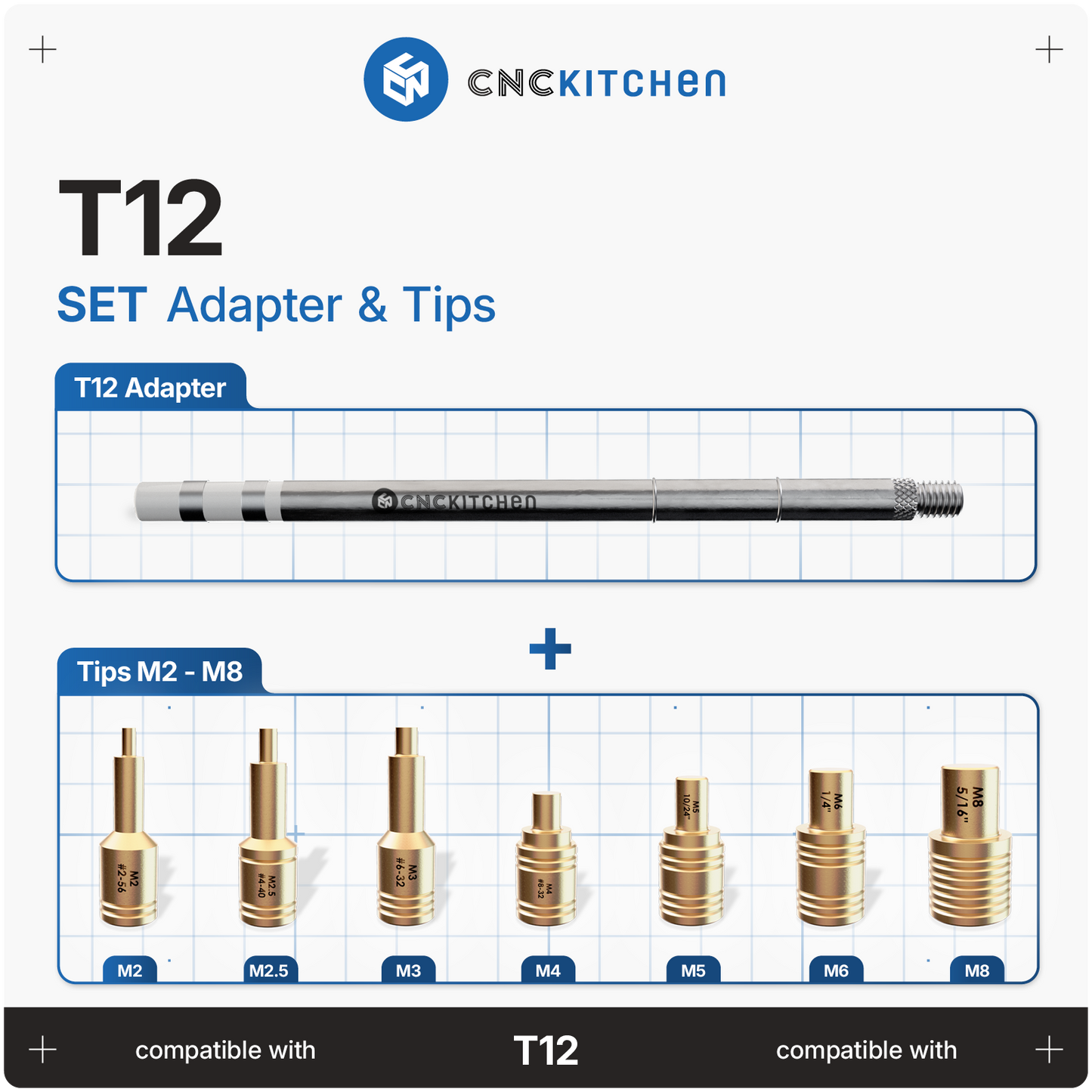 CNC Kitchen Installation Tips SET til T12 – adapter og spidser M2-M8 til heat set inserts